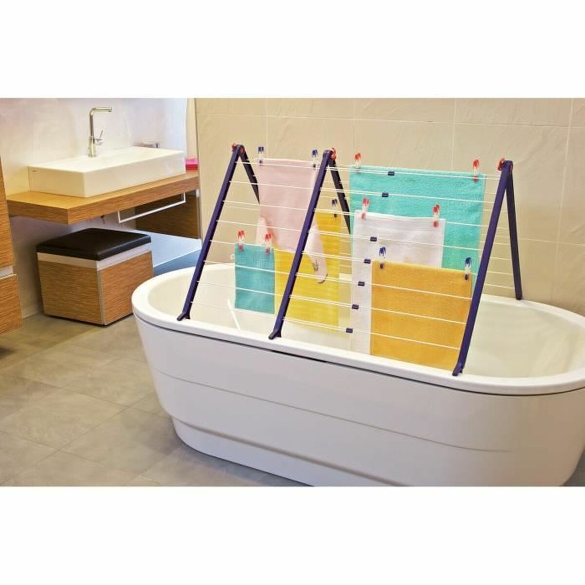 Suport de întins rufe Leifheit Bathtub Dryer Pegasus V 133 x 66,5 cm Albastru Alb Metal