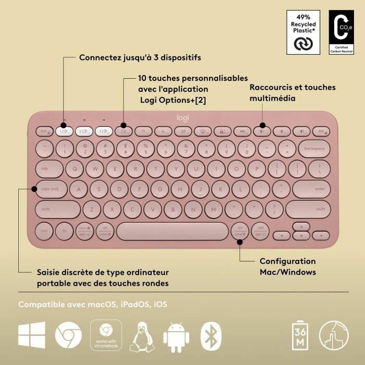 Tastatură Bluetooth cu Suport pentru Tabletă Logitech K380 Franceză Roz AZERTY