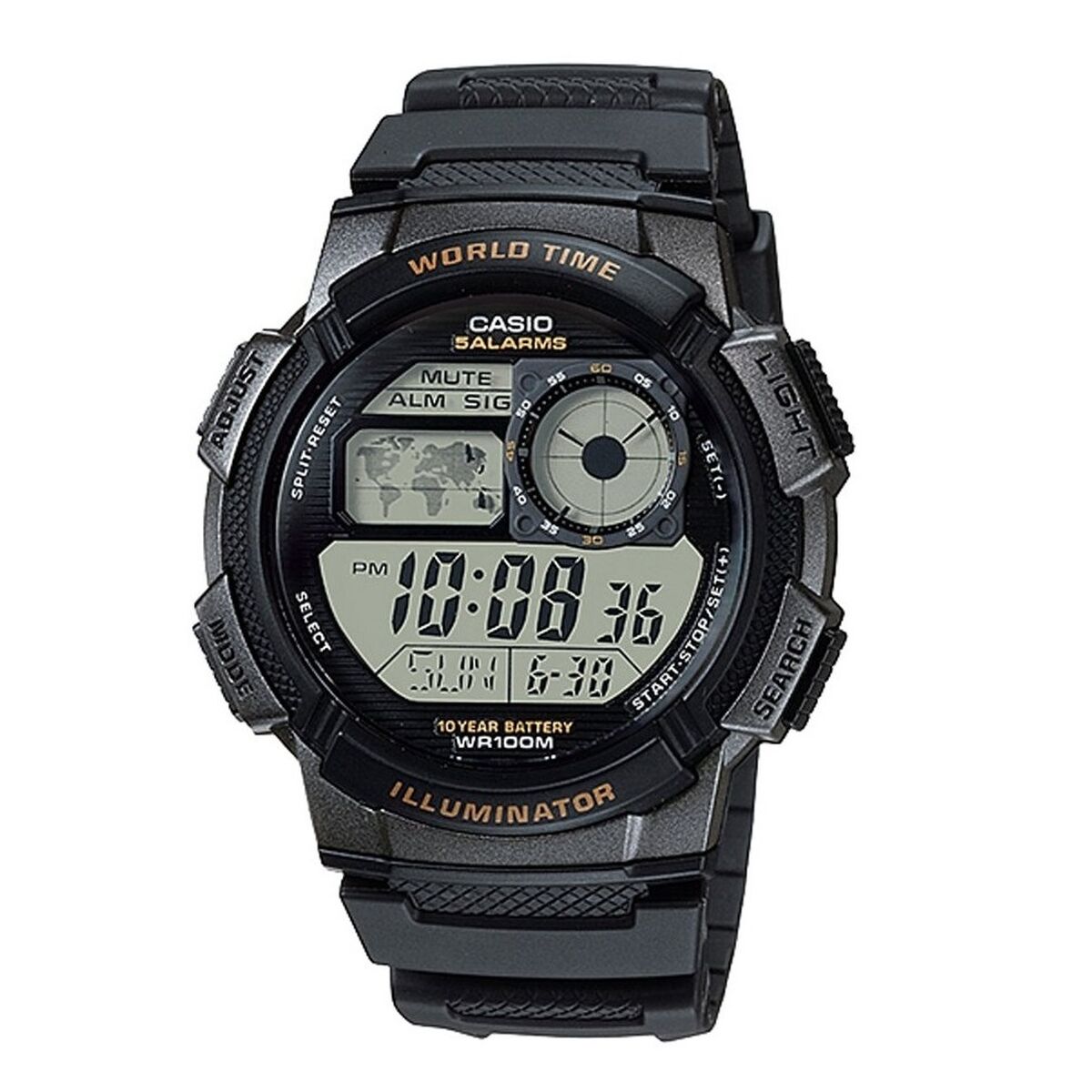 Ceas Unisex Casio WORLD TIME ILLUMINATOR - 5 ALARMS. 10 YEAR BATTERY Negru Gri (Ø 48 mm)