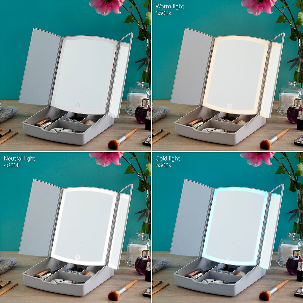 Oglindă LED pliabilă 3 în 1 cu organizator de machiaje Panomir InnovaGoods