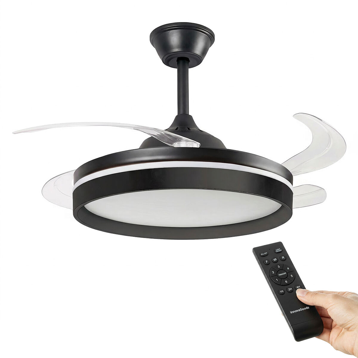 Ventilator de tavan cu lumină LED, 4 pale retractabile și telecomandă InnovaGoods