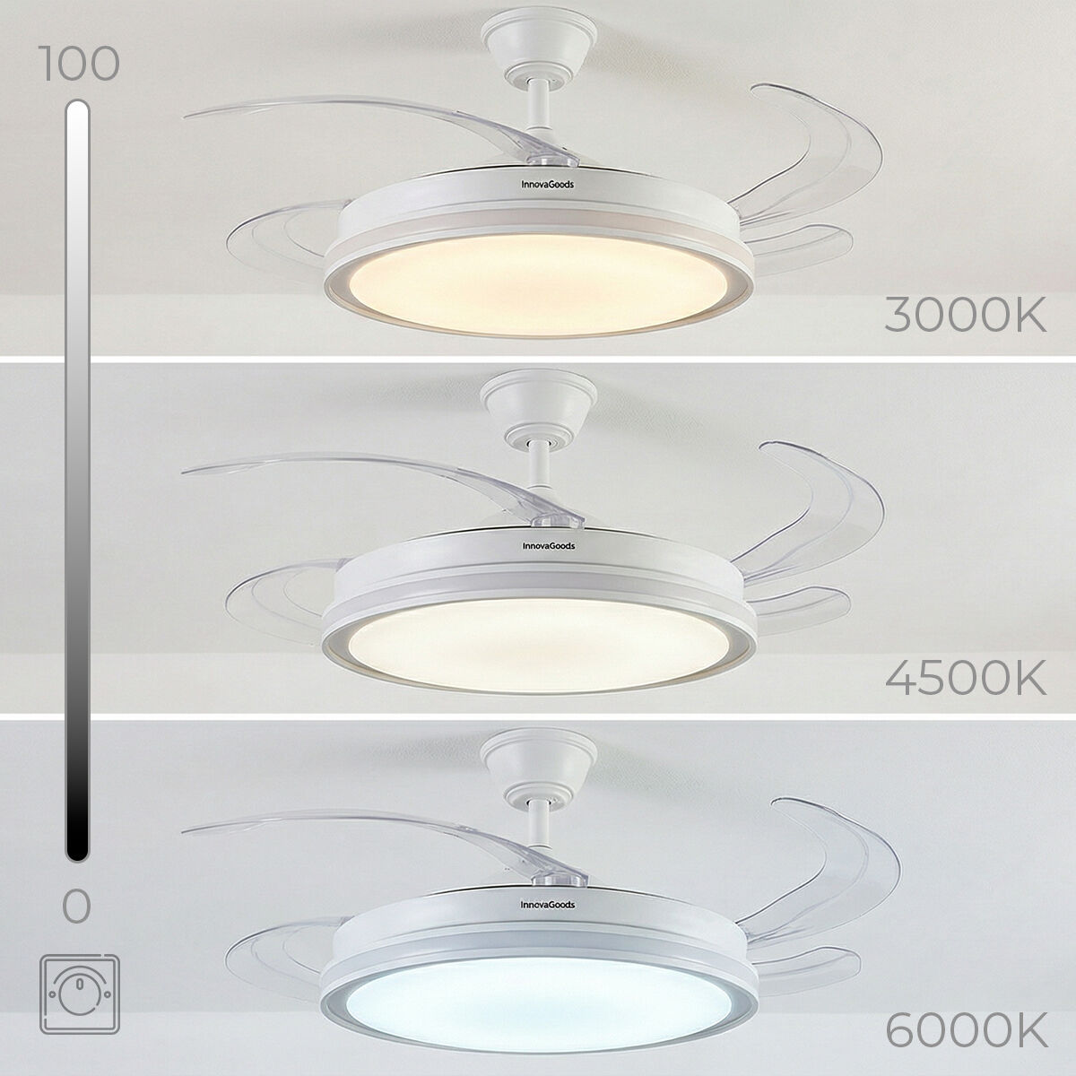 Ventilator de tavan cu lumină LED RGB, 4 pale retractabile și telecomandă InnovaGoods
