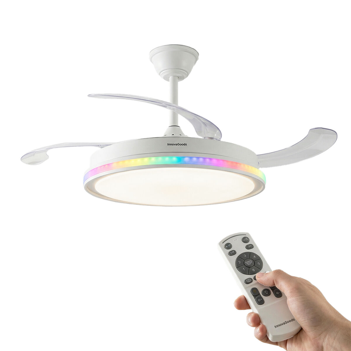 Ventilator de tavan cu lumină LED RGB, 4 pale retractabile și telecomandă InnovaGoods
