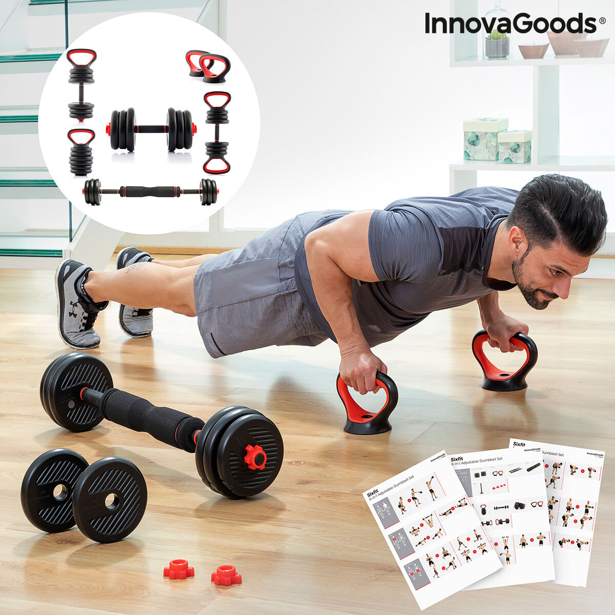 Set de greutăți reglabile 6 în 1 cu ghid de exerciții Sixfit InnovaGoods   Fier (Recondiționate B)