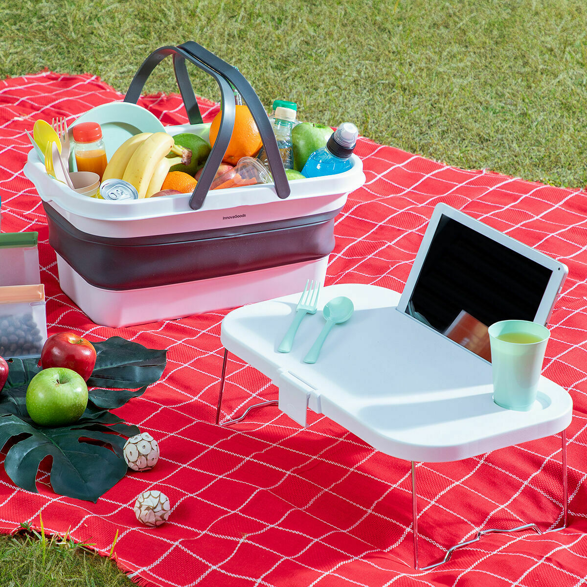 Coș de picnic pliabil cu capac tip masă InnovaGoods FOLDABLE CAMPING BASKET Plastic (Recondiționate B)