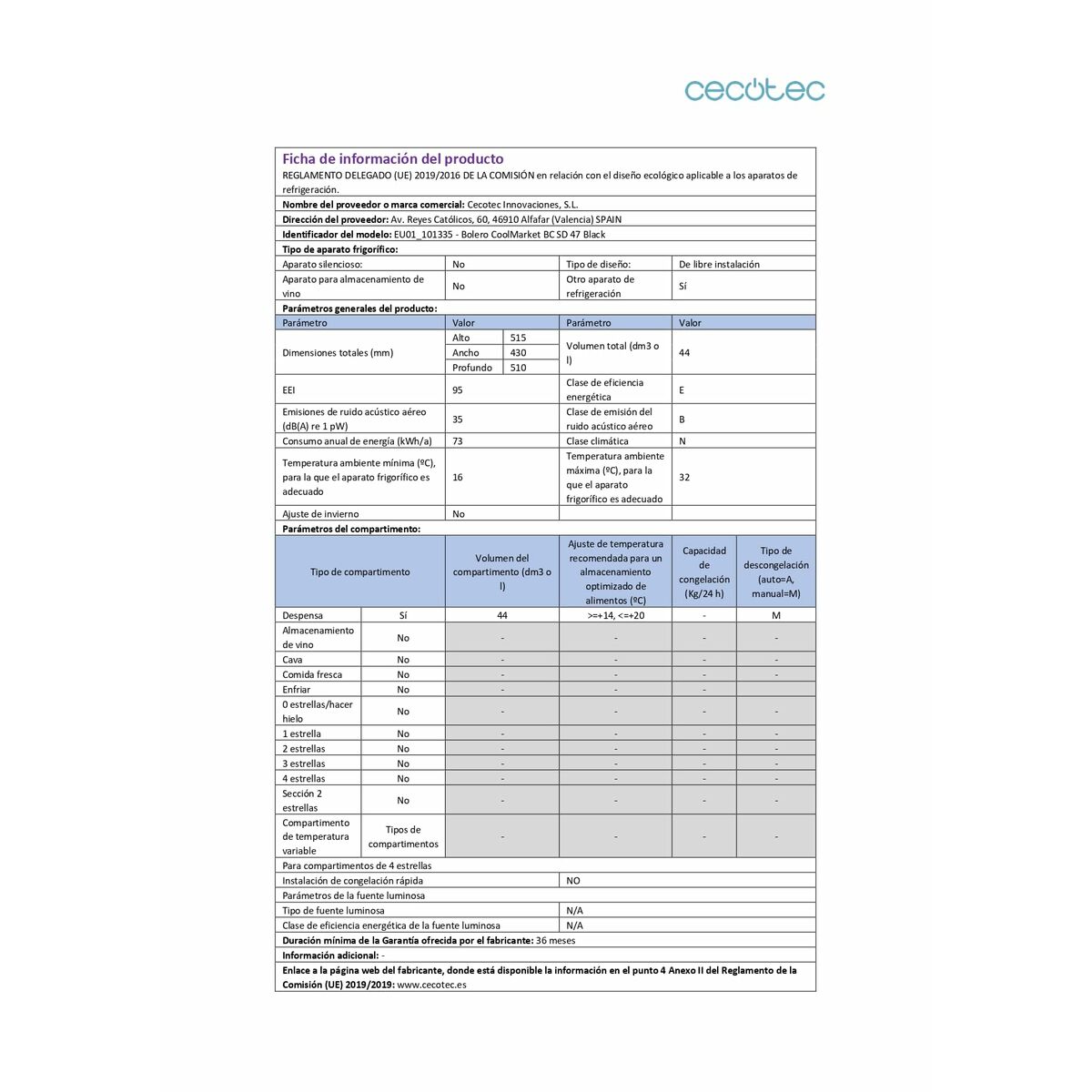 Mini frigider Cecotec Bolero CoolMarket BC SD 47 Negru 44 L (Recondiționate D)