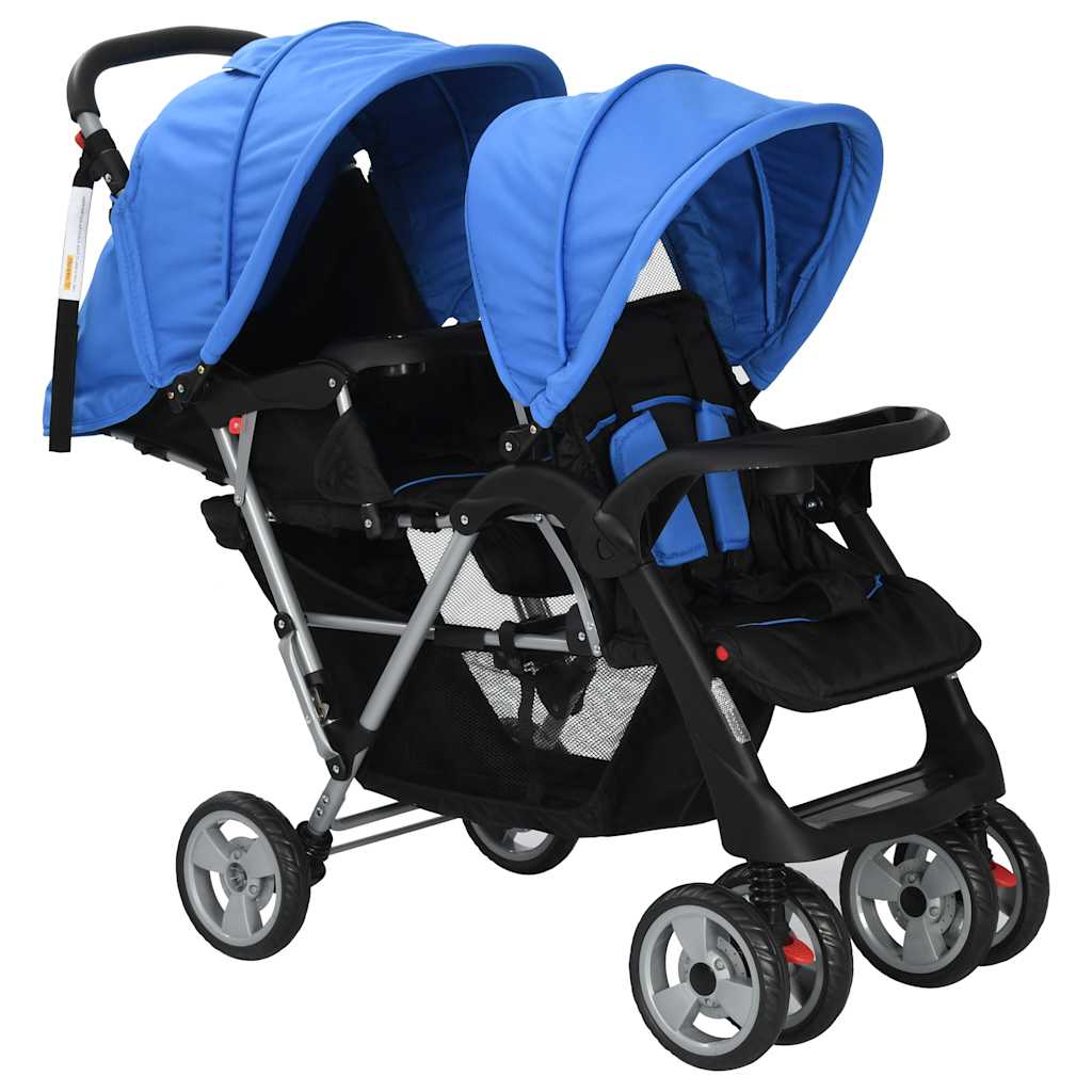 vidaXL Cărucior în tandem, albastru și negru, oțel vidaXL Cărucior în tandem, albastru și negru, oțel