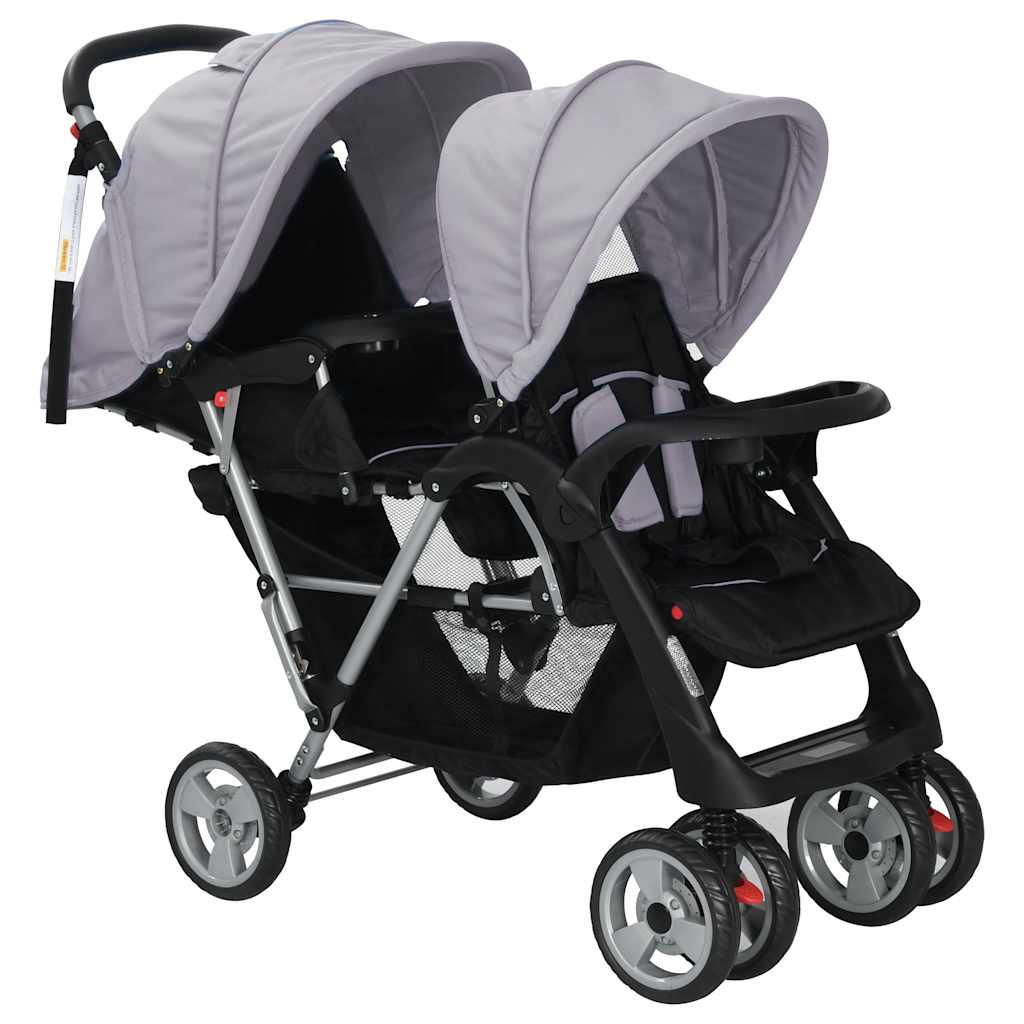 vidaXL Cărucior în tandem, gri și negru, oțel vidaXL Cărucior în tandem, gri și negru, oțel