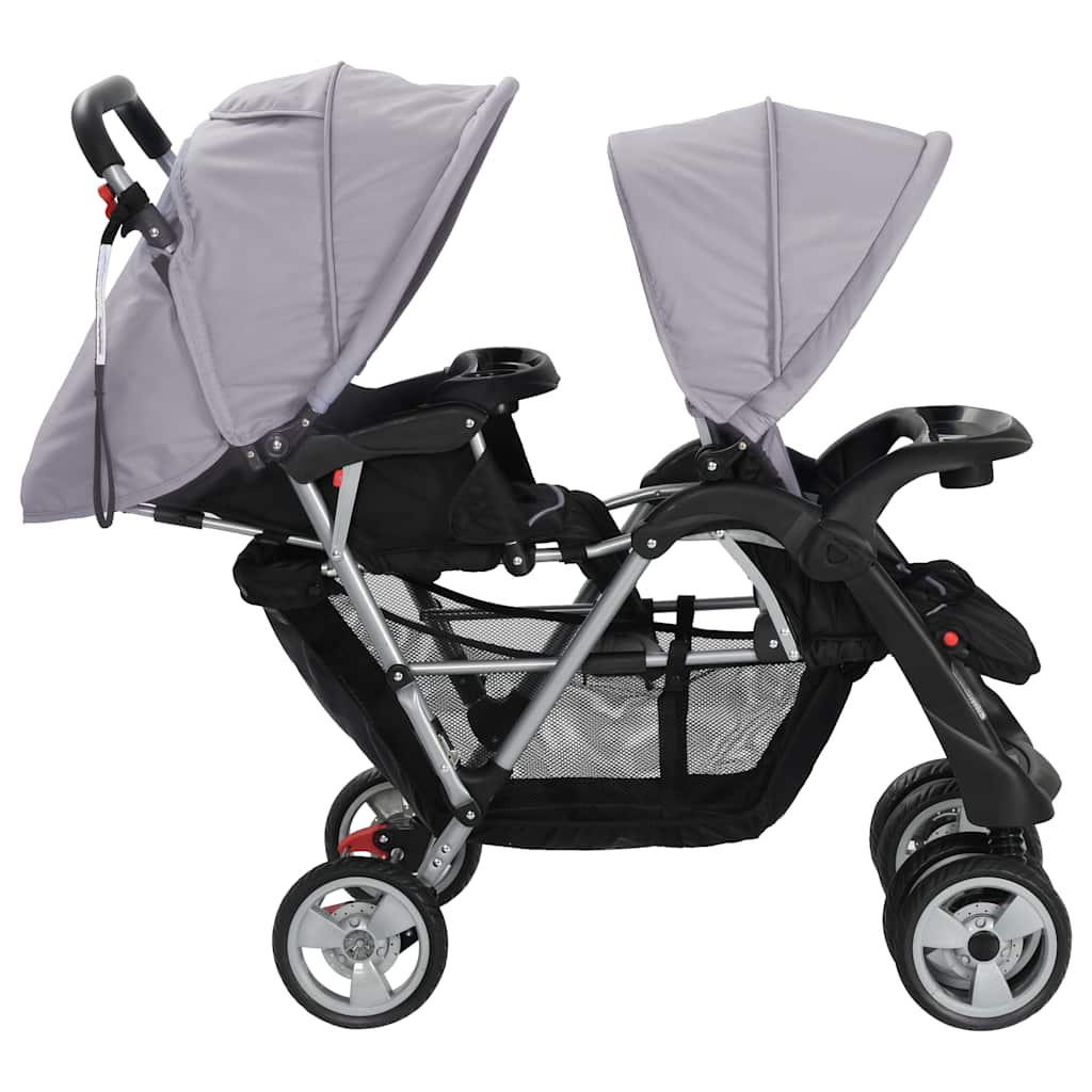 vidaXL Cărucior în tandem, gri și negru, oțel vidaXL Cărucior în tandem, gri și negru, oțel