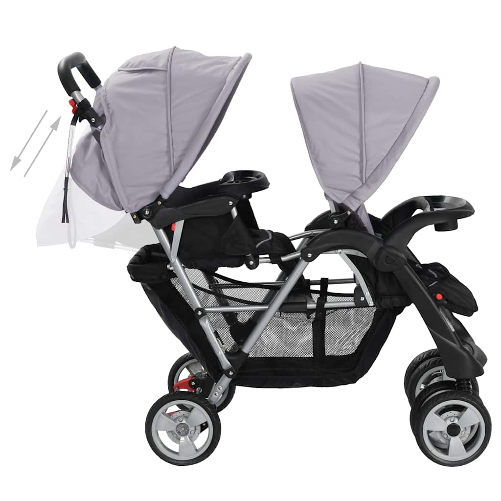 vidaXL Cărucior în tandem, gri și negru, oțel vidaXL Cărucior în tandem, gri și negru, oțel