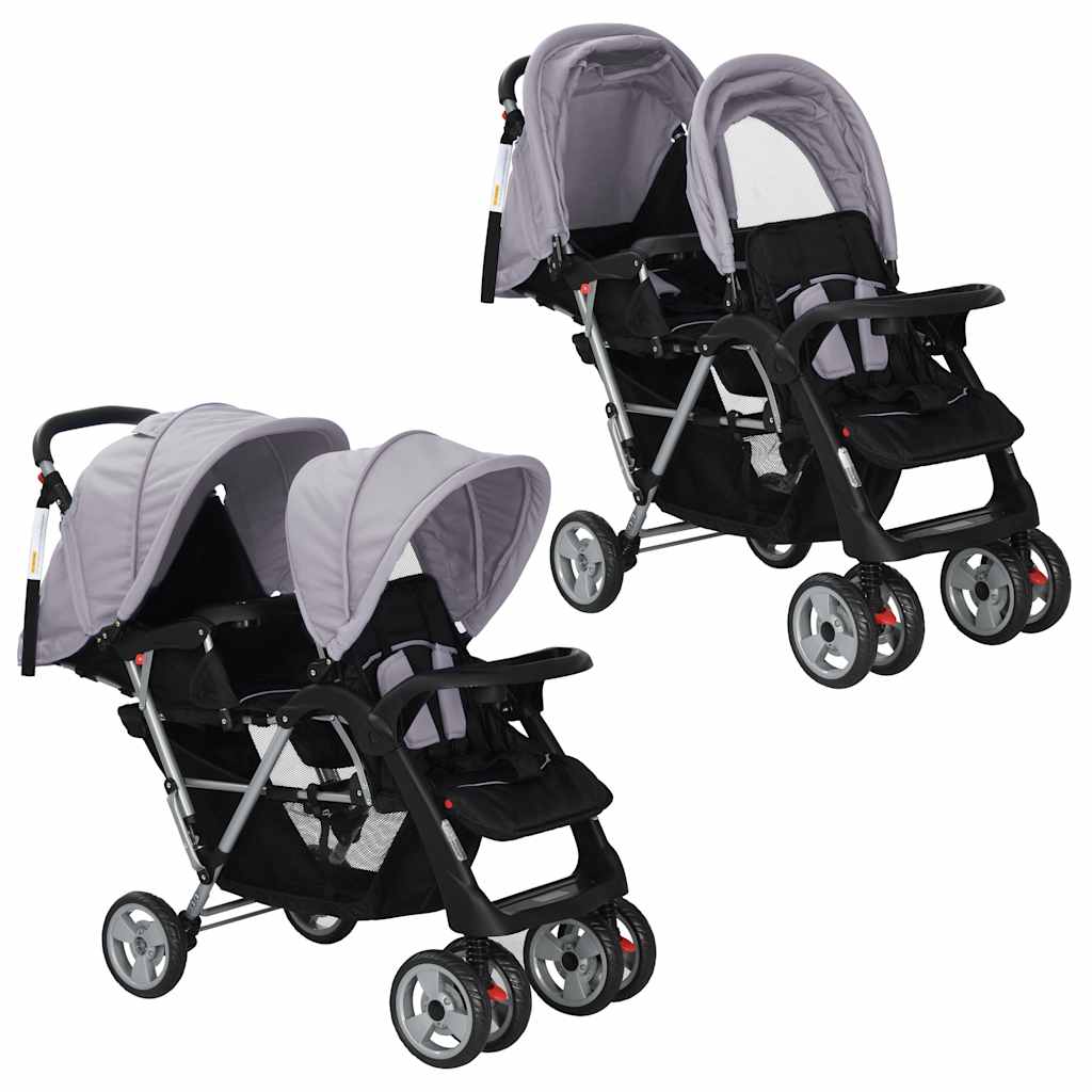 vidaXL Cărucior în tandem, gri și negru, oțel vidaXL Cărucior în tandem, gri și negru, oțel