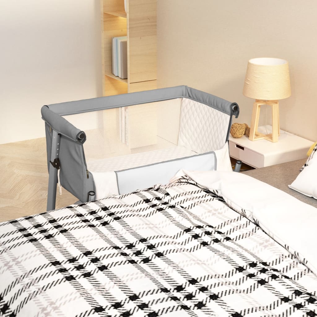 vidaXL Pat pentru copii cu saltea, gri deschis, pânză textil vidaXL Pat pentru copii cu saltea, gri deschis, pânză textil