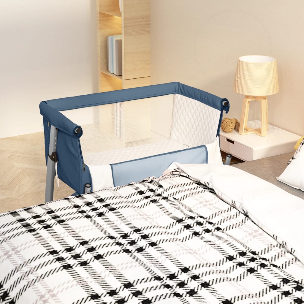 vidaXL Pat pentru copii cu saltea, bleumarin, pânză textil vidaXL Pat pentru copii cu saltea, bleumarin, pânză textil