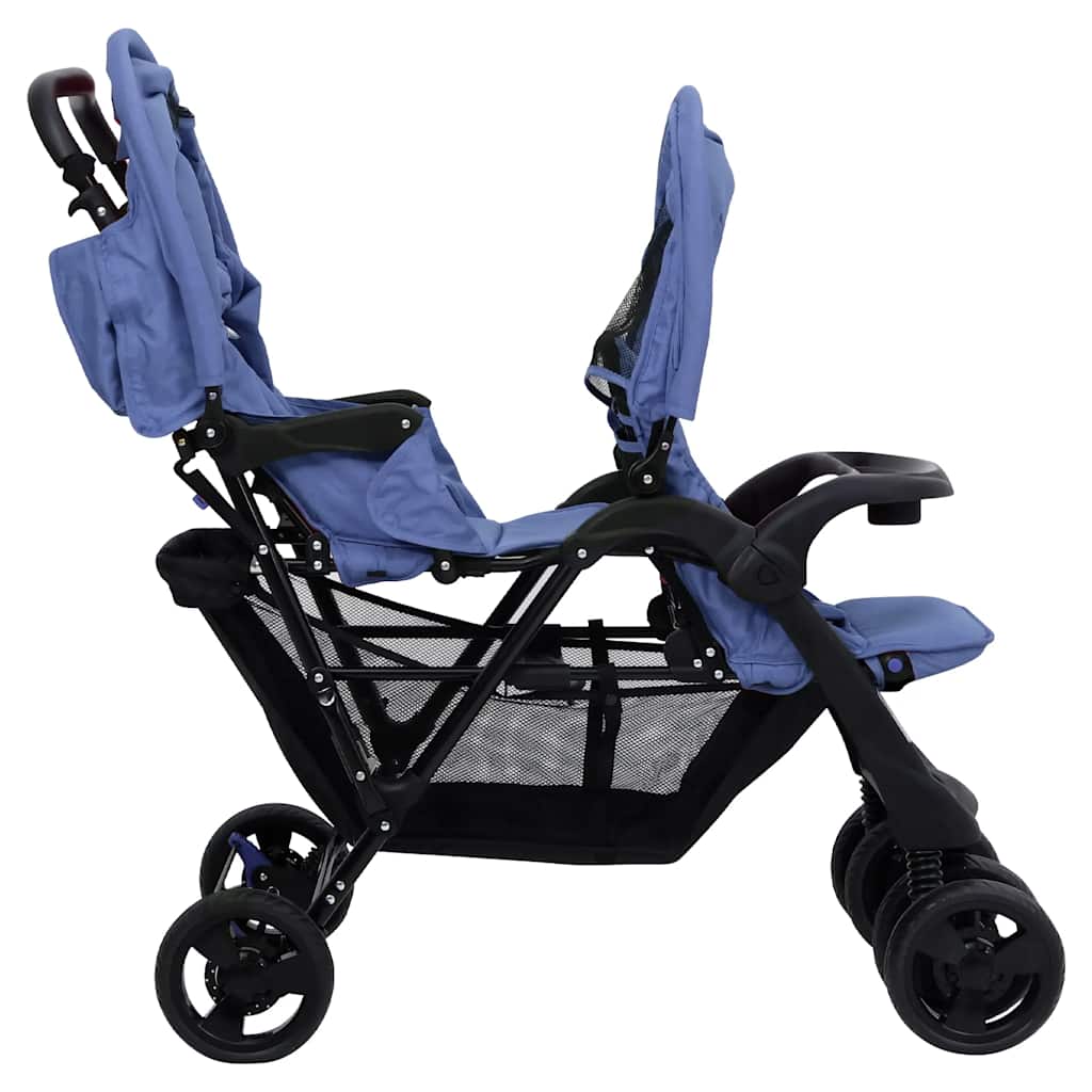 vidaXL Cărucior pentru gemeni în tandem, bleumarin, oțel