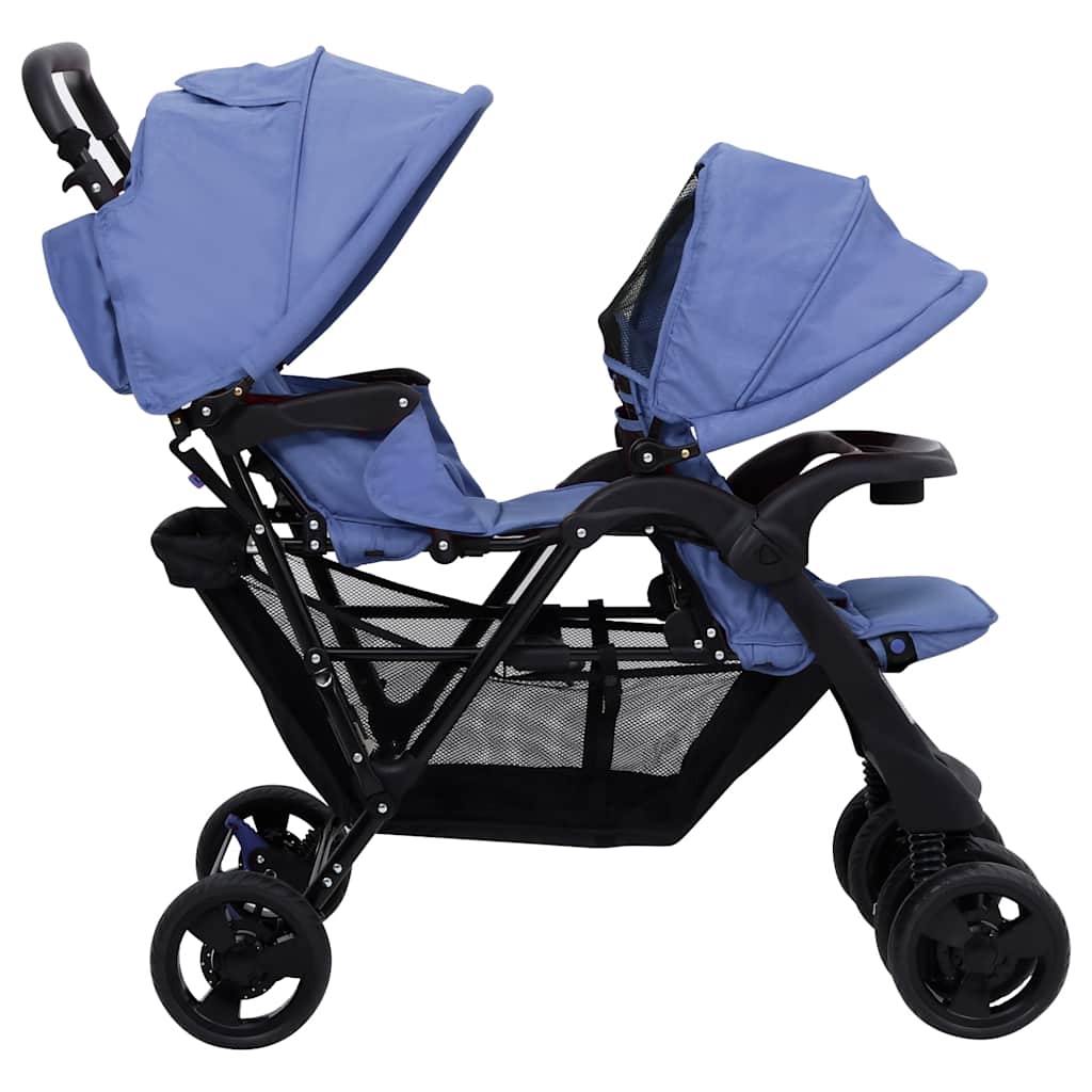 vidaXL Cărucior pentru gemeni în tandem, bleumarin, oțel