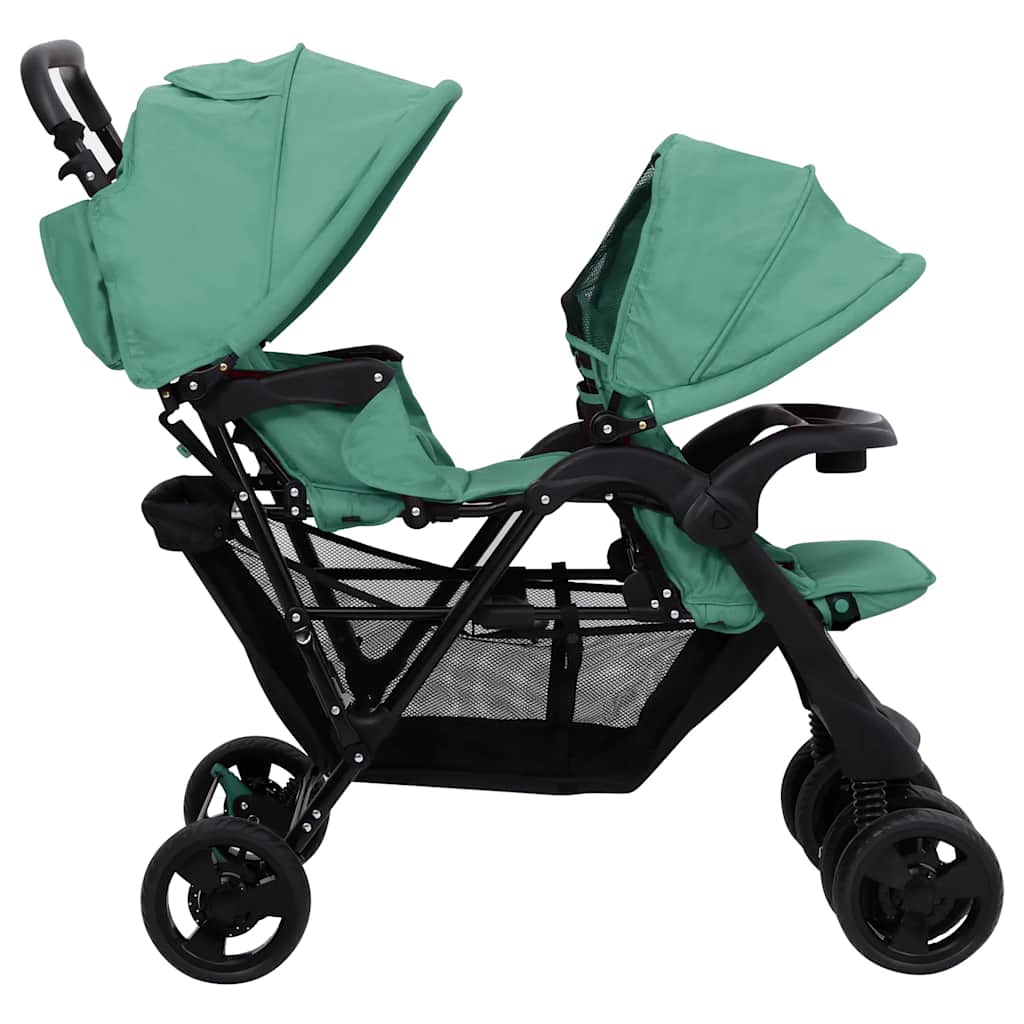 vidaXL Cărucior pentru gemeni în tandem, verde, oțel vidaXL Cărucior pentru gemeni în tandem, verde, oțel