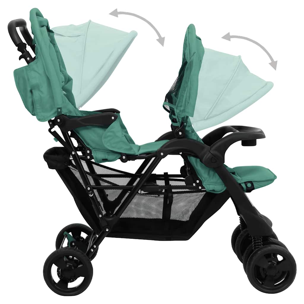 vidaXL Cărucior pentru gemeni în tandem, verde, oțel vidaXL Cărucior pentru gemeni în tandem, verde, oțel