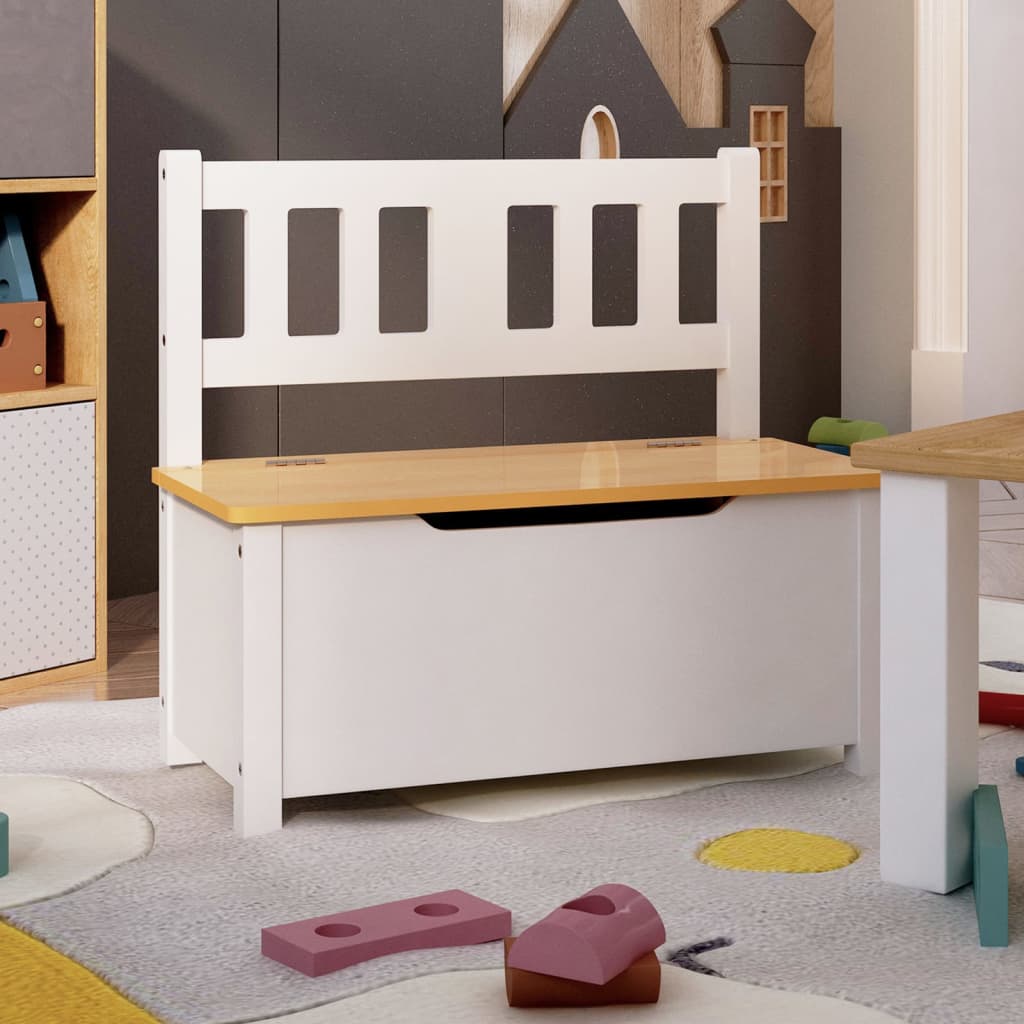 vidaXL Bancă de depozitare pentru copii, alb și bej, 60x30x55 cm, MDF vidaXL Bancă de depozitare pentru copii, alb și bej, 60x30x55 cm, MDF