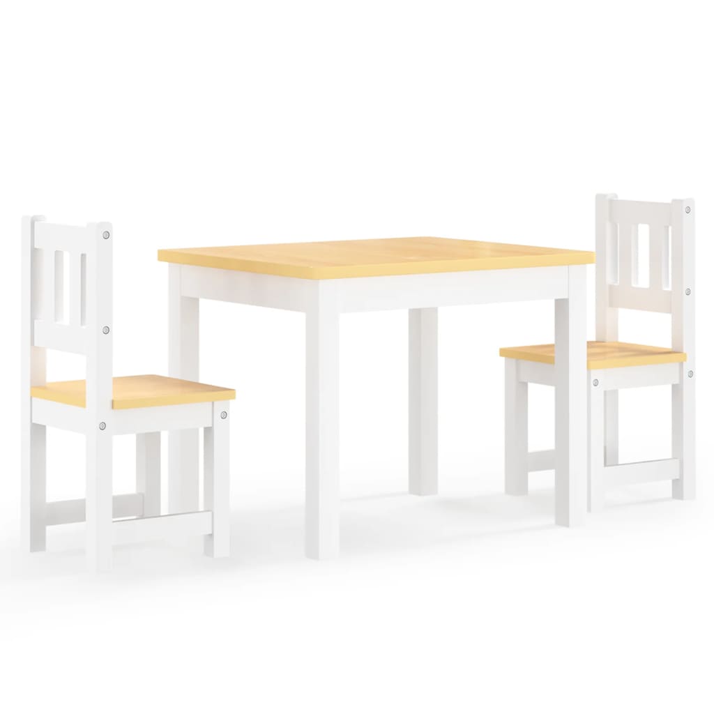 vidaXL Set masă&scaune pentru copii, 3 piese, alb și bej, MDF vidaXL Set masă&scaune pentru copii, 3 piese, alb și bej, MDF