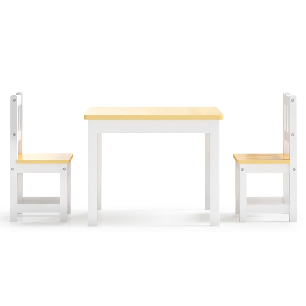 vidaXL Set masă&scaune pentru copii, 3 piese, alb și bej, MDF vidaXL Set masă&scaune pentru copii, 3 piese, alb și bej, MDF