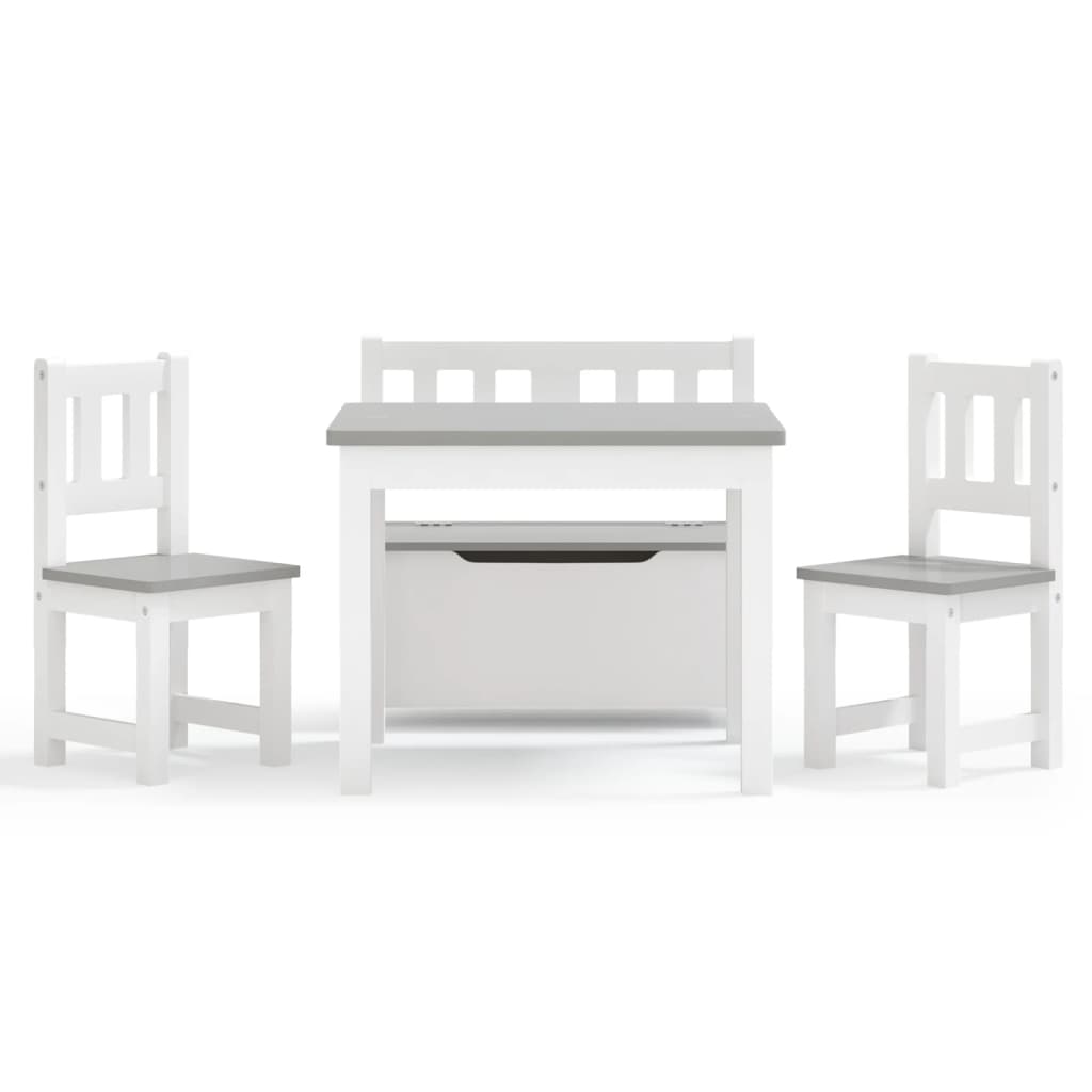 vidaXL Set masă&scaune pentru copii, 4 piese, alb și gri, MDF vidaXL Set masă&scaune pentru copii, 4 piese, alb și gri, MDF