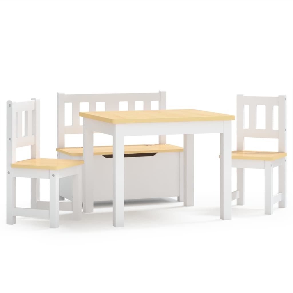 vidaXL Set masă&scaune pentru copii, 4 piese, alb și bej, MDF vidaXL Set masă&scaune pentru copii, 4 piese, alb și bej, MDF