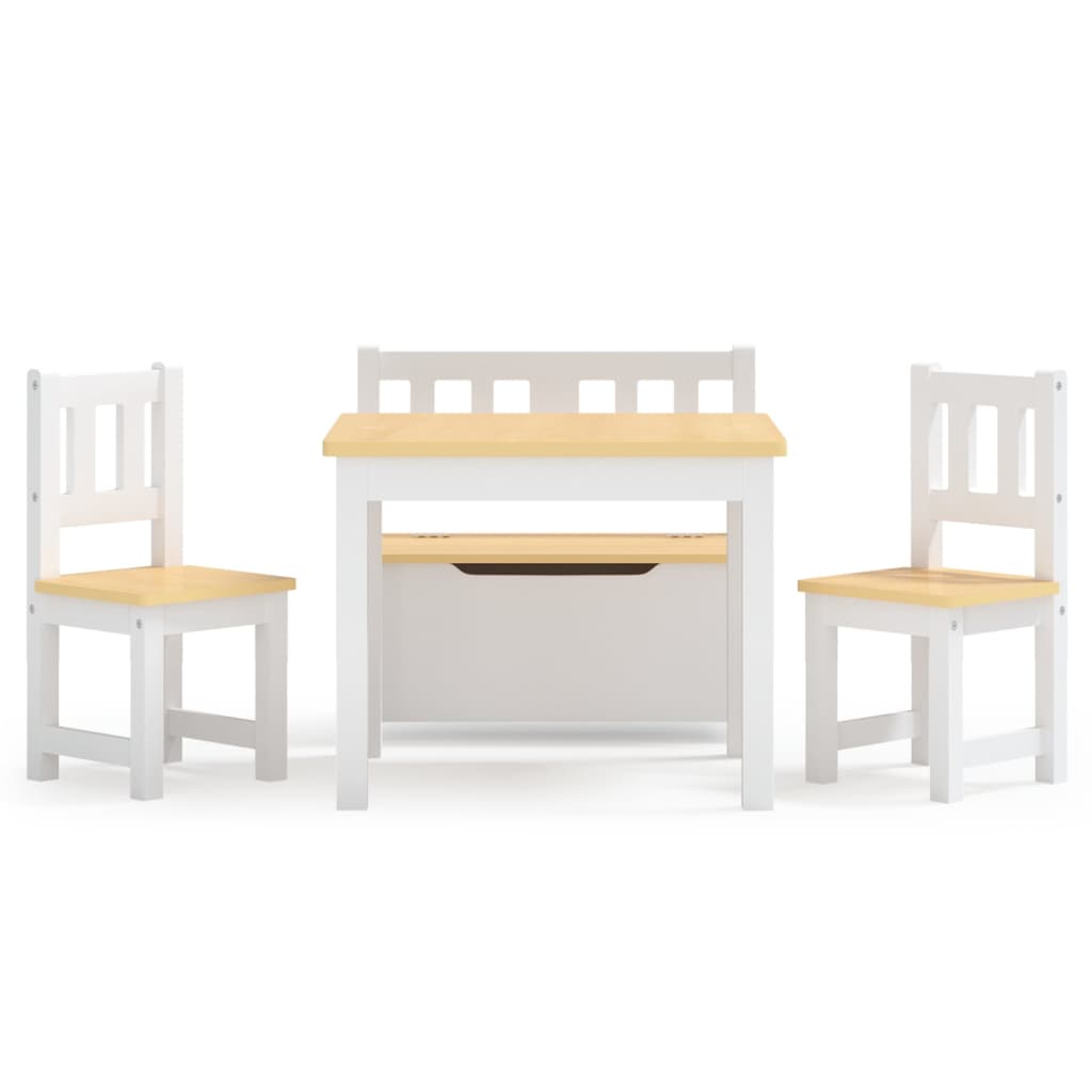 vidaXL Set masă&scaune pentru copii, 4 piese, alb și bej, MDF vidaXL Set masă&scaune pentru copii, 4 piese, alb și bej, MDF