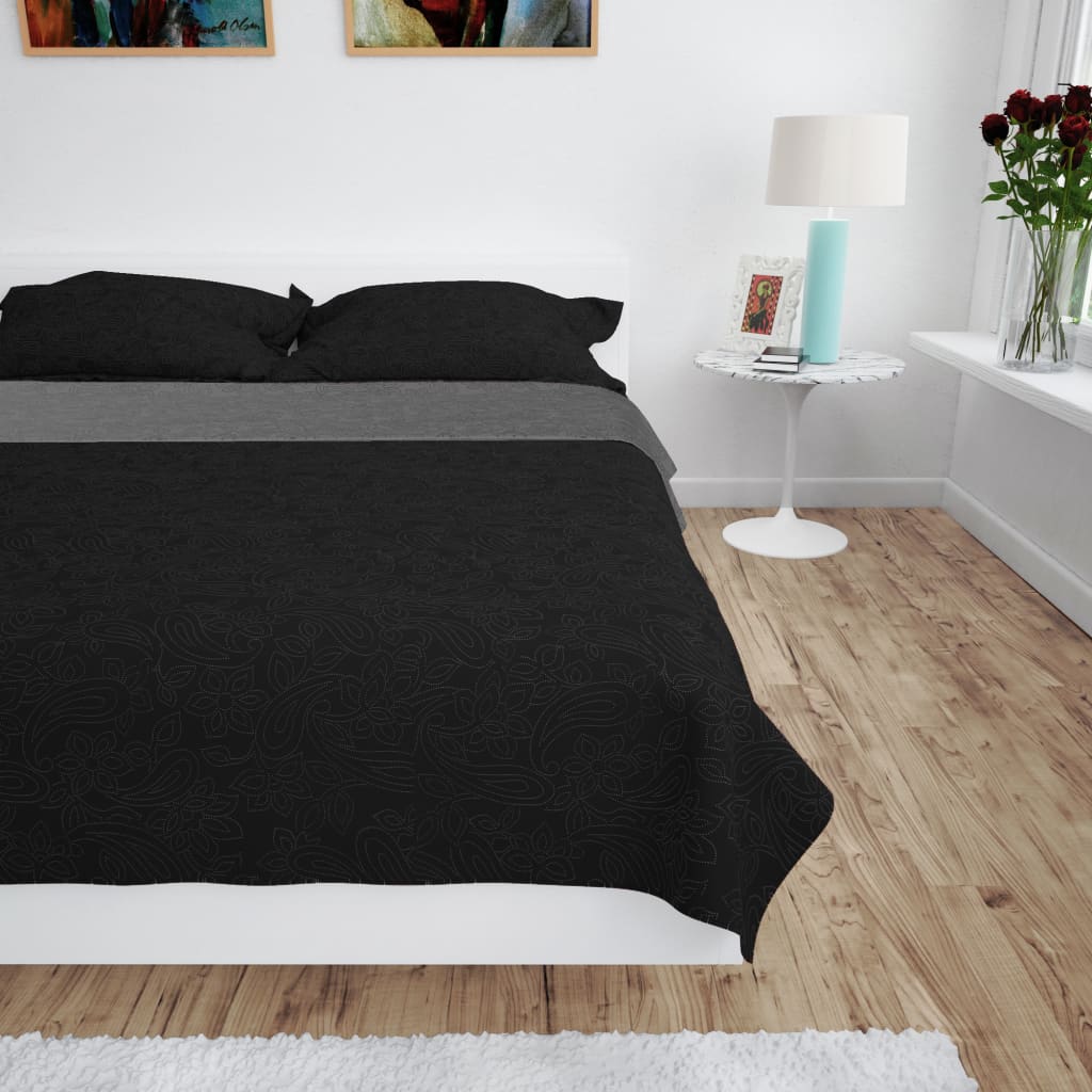 vidaXL Cuvertură matlasată cu două fețe, 220x240 cm, gri și negru vidaXL Cuvertură matlasată cu două fețe, 220x240 cm, gri și negru