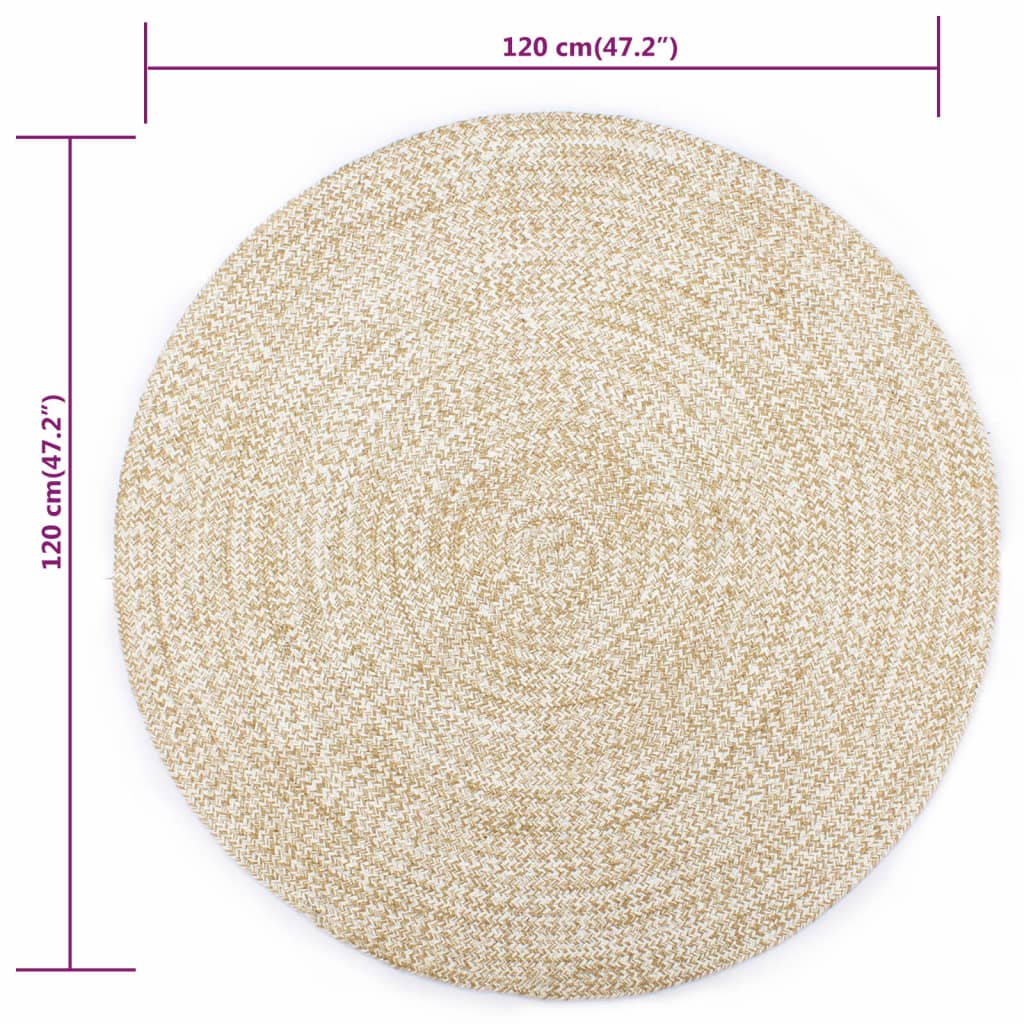 vidaXL Covor manual, alb și natural, 120 cm, iută vidaXL Covor manual, alb și natural, 120 cm, iută