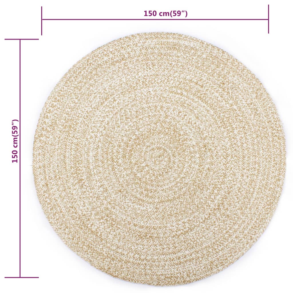 vidaXL Covor manual, alb și natural, 150 cm, iută vidaXL Covor manual, alb și natural, 150 cm, iută