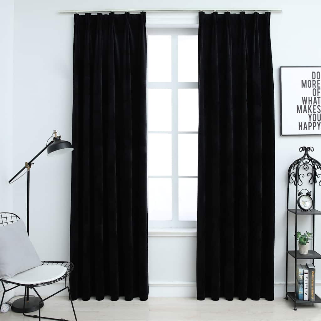vidaXL Draperii opace cu cârlige, 2 buc., negru, 140x175 cm, catifea vidaXL Draperii opace cu cârlige, 2 buc., negru, 140x175 cm, catifea
