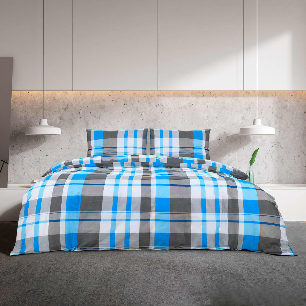 vidaXL Set cu husă de pilotă, albastru și gri, 135x200 cm, bumbac