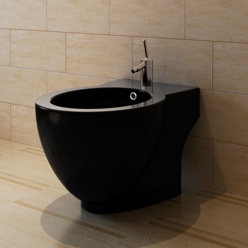 vidaXL Bideu rotund pe pardoseală, negru, ceramică calitate superioară vidaXL Bideu rotund pe pardoseală, negru, ceramică calitate superioară