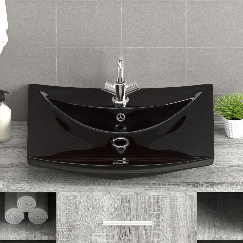 Chiuvetă dreptunghiulară preaplin & gaură robinet, negru, ceramică lux Chiuvetă dreptunghiulară preaplin & gaură robinet, negru, ceramică lux