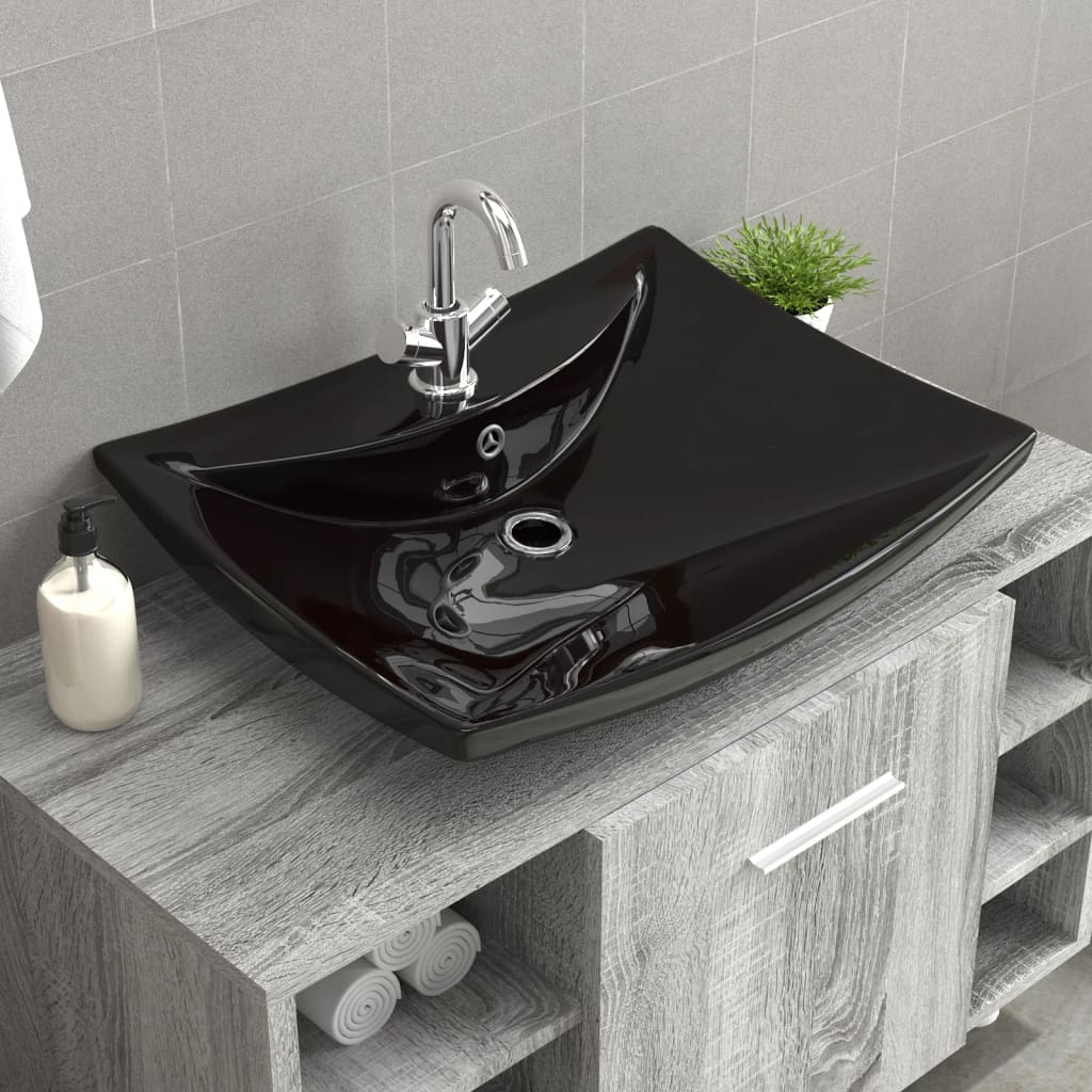 Chiuvetă dreptunghiulară preaplin & gaură robinet, negru, ceramică lux Chiuvetă dreptunghiulară preaplin & gaură robinet, negru, ceramică lux