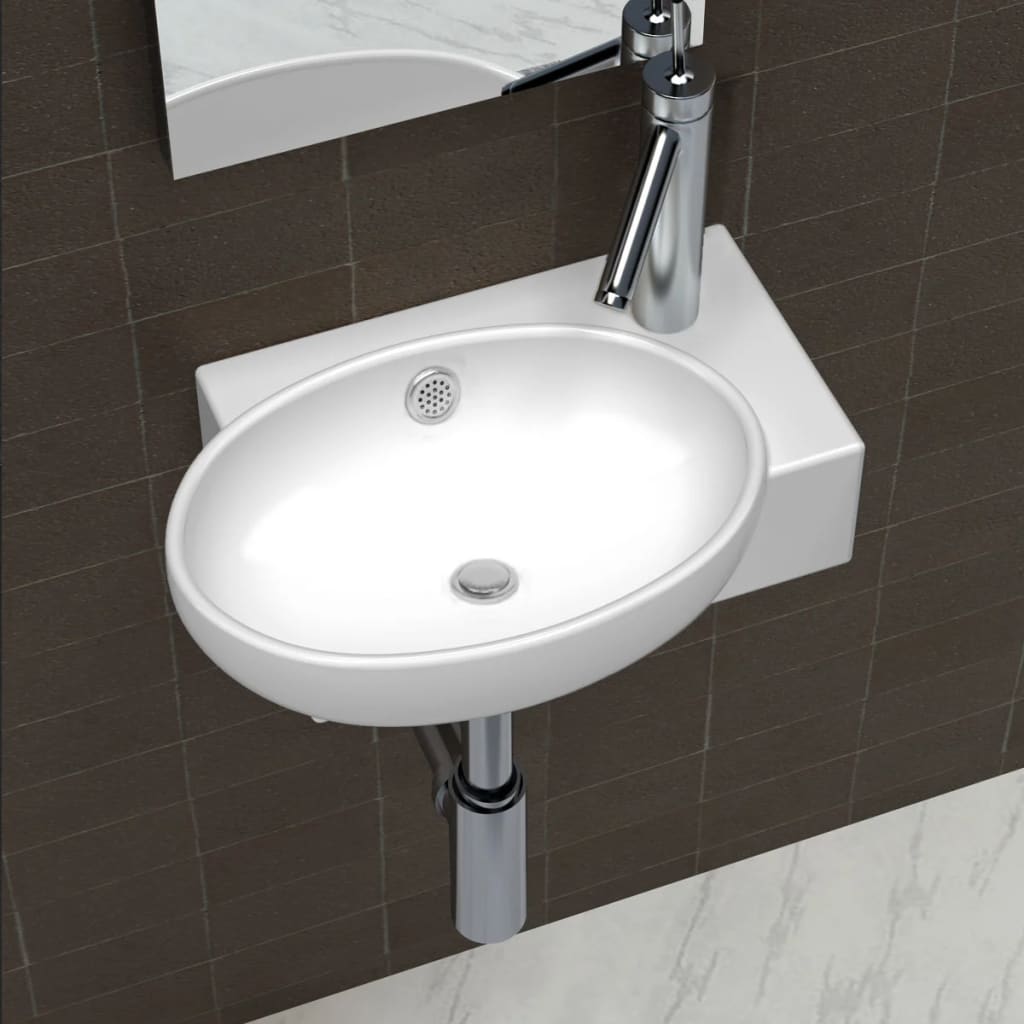 Chiuvetă de baie, orificiu robinet & preaplin, alb, ceramică Chiuvetă de baie, orificiu robinet & preaplin, alb, ceramică