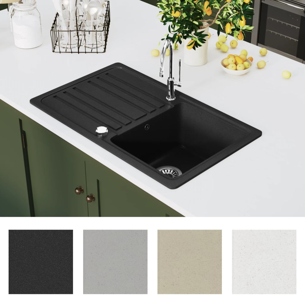 Chiuvetă bucătărie granit, bazin unic cu scurgere reversibilă, negru Chiuvetă bucătărie granit, bazin unic cu scurgere reversibilă, negru