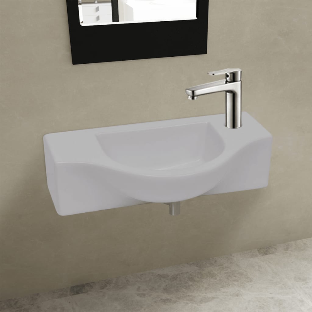 Chiuvetă de baie din ceramică, gaură pentru robinet și preaplin, alb Chiuvetă de baie din ceramică, gaură pentru robinet și preaplin, alb