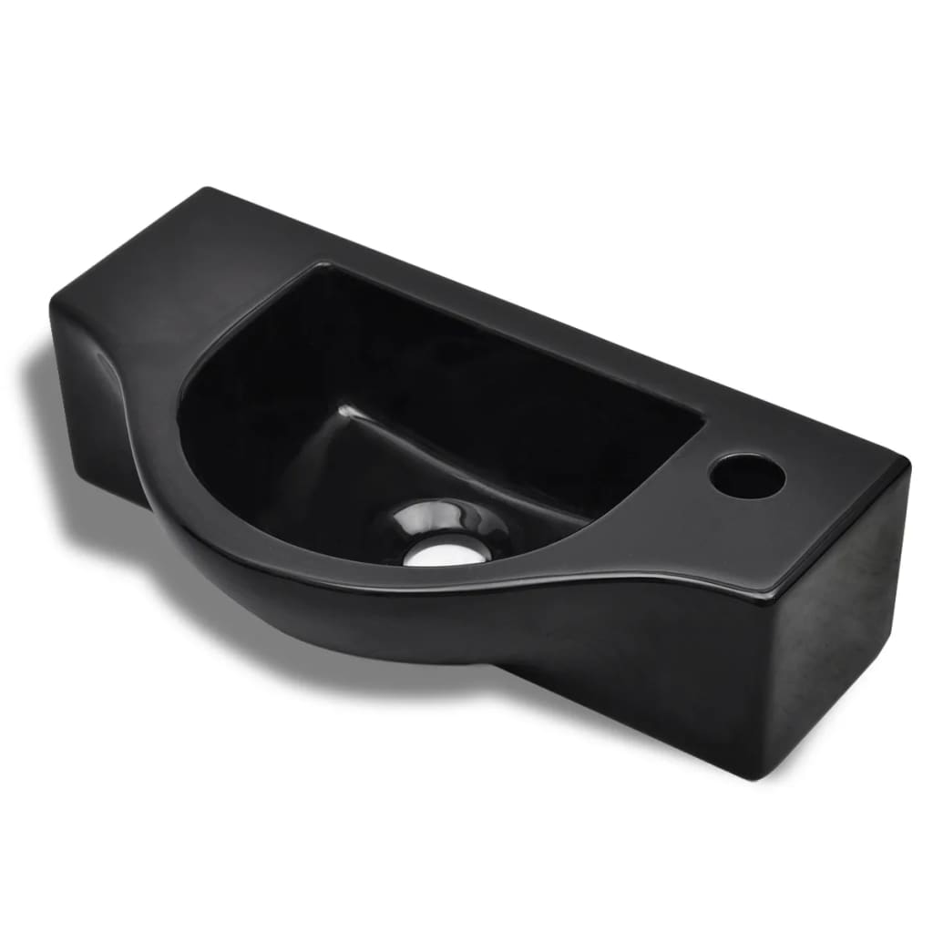Chiuvetă de baie din ceramică, gaură pentru robinet și preaplin, negru Chiuvetă de baie din ceramică, gaură pentru robinet și preaplin, negru