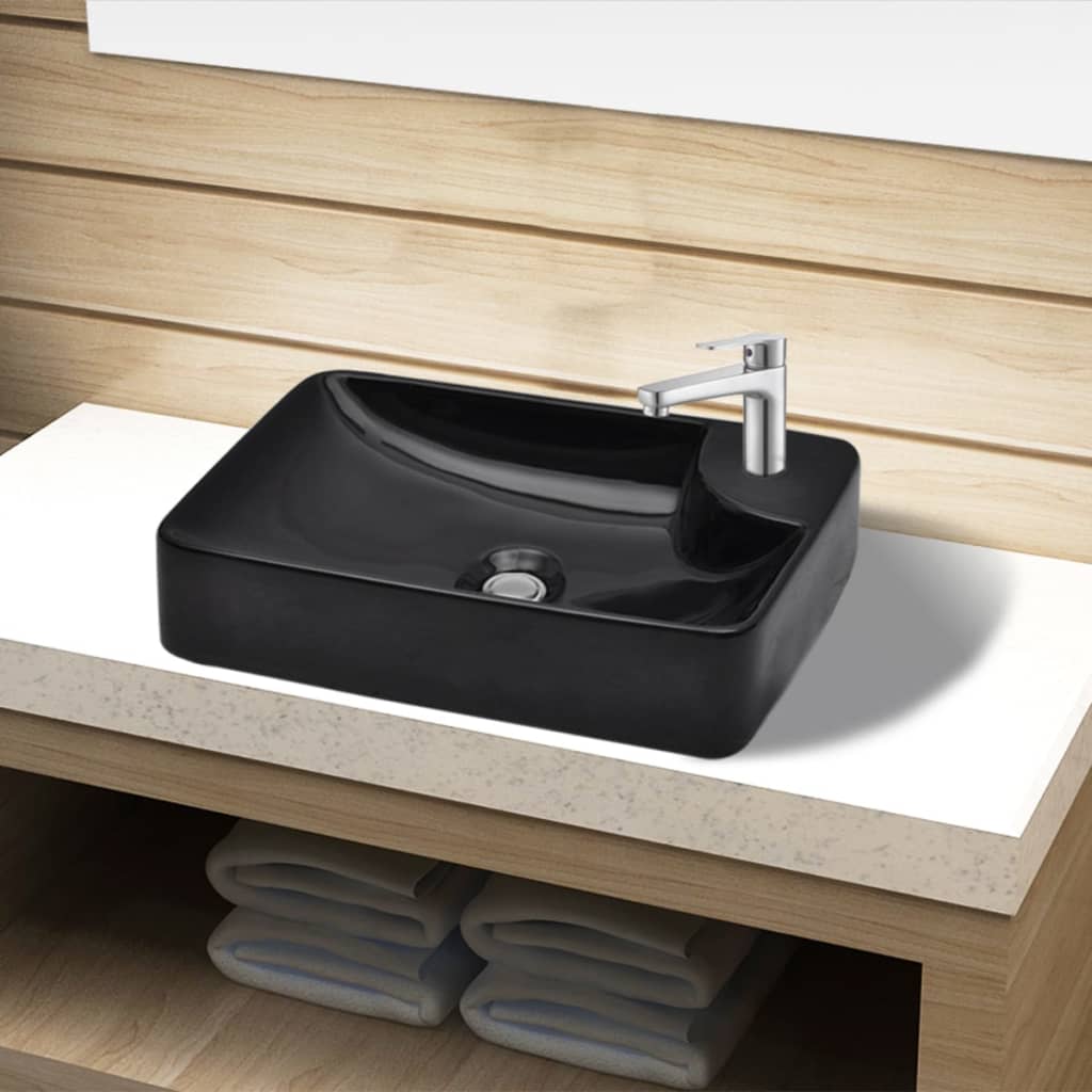 Chiuvetă de baie din ceramică cu gaură pentru robinet, negru Chiuvetă de baie din ceramică cu gaură pentru robinet, negru
