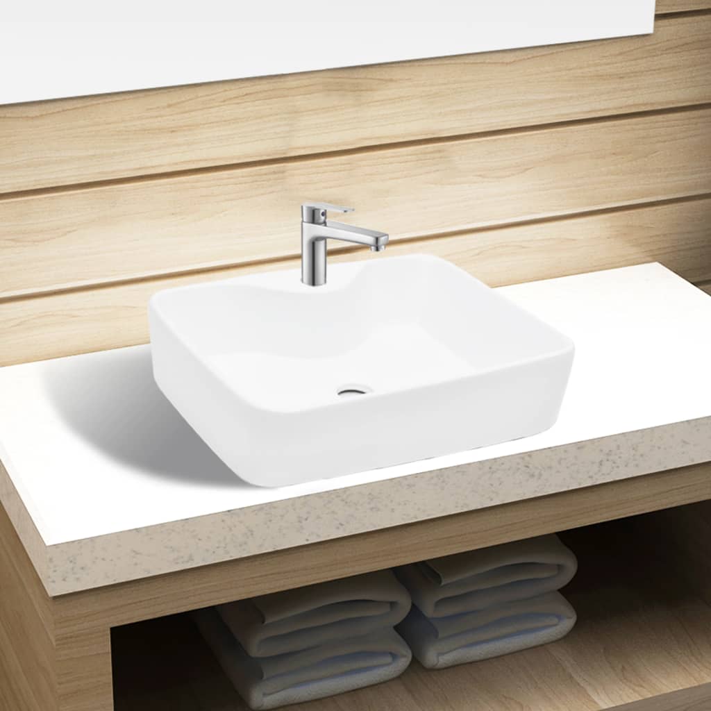Chiuvetă de baie pătrată din ceramică cu gaură pentru robinet, alb Chiuvetă de baie pătrată din ceramică cu gaură pentru robinet, alb