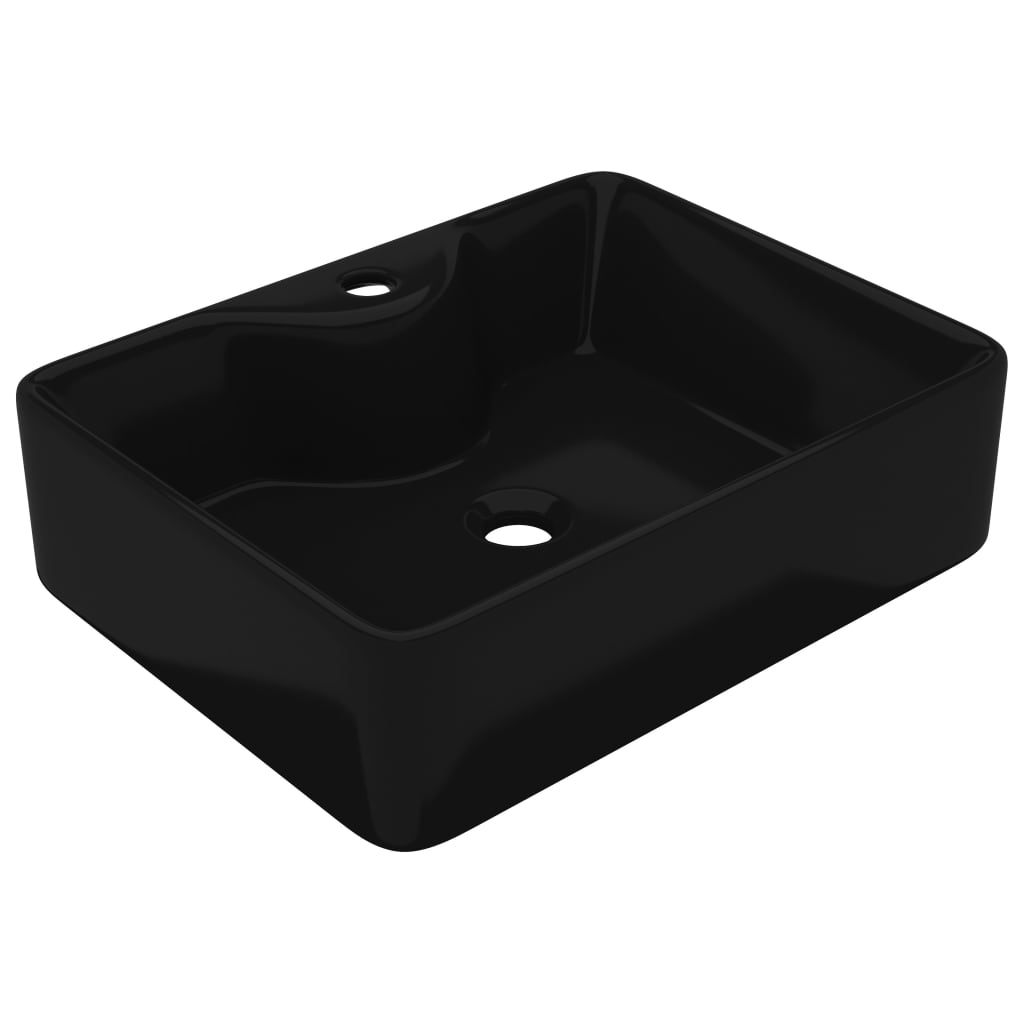Chiuvetă de baie pătrată din ceramică cu gaură pentru robinet, negru Chiuvetă de baie pătrată din ceramică cu gaură pentru robinet, negru