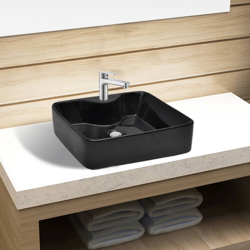 Chiuvetă de baie pătrată din ceramică cu gaură pentru robinet, negru Chiuvetă de baie pătrată din ceramică cu gaură pentru robinet, negru