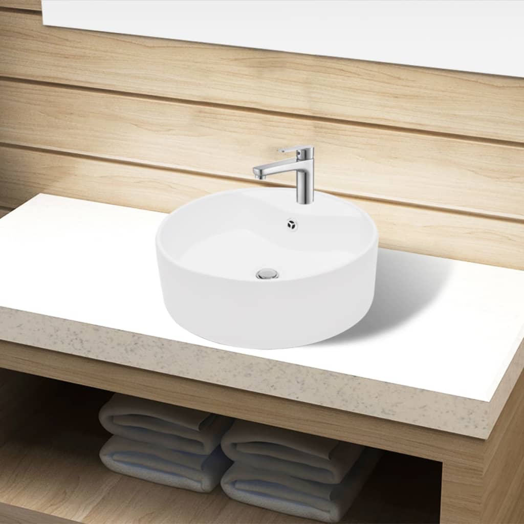 Chiuvetă de baie din ceramică, orificiu robinet/preaplin, rotund, alb Chiuvetă de baie din ceramică, orificiu robinet/preaplin, rotund, alb