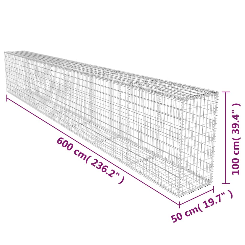 vidaXL Perete gabion cu capac, 600 x 50 x 100 cm, oțel galvanizat vidaXL Perete gabion cu capac, 600 x 50 x 100 cm, oțel galvanizat
