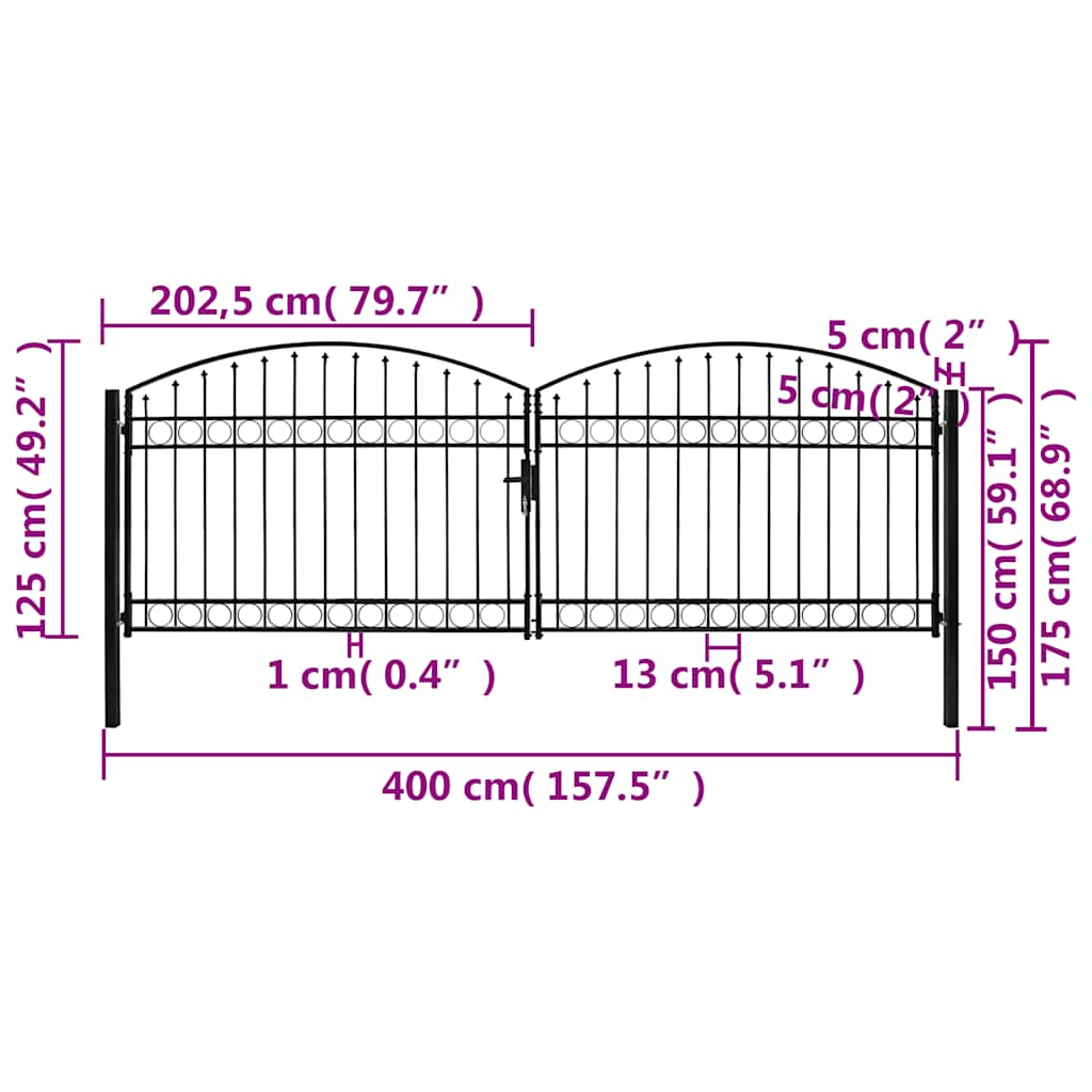 vidaXL Poartă de gard dublă cu arcadă, negru, 400 x 125 cm, oțel vidaXL Poartă de gard dublă cu arcadă, negru, 400 x 125 cm, oțel