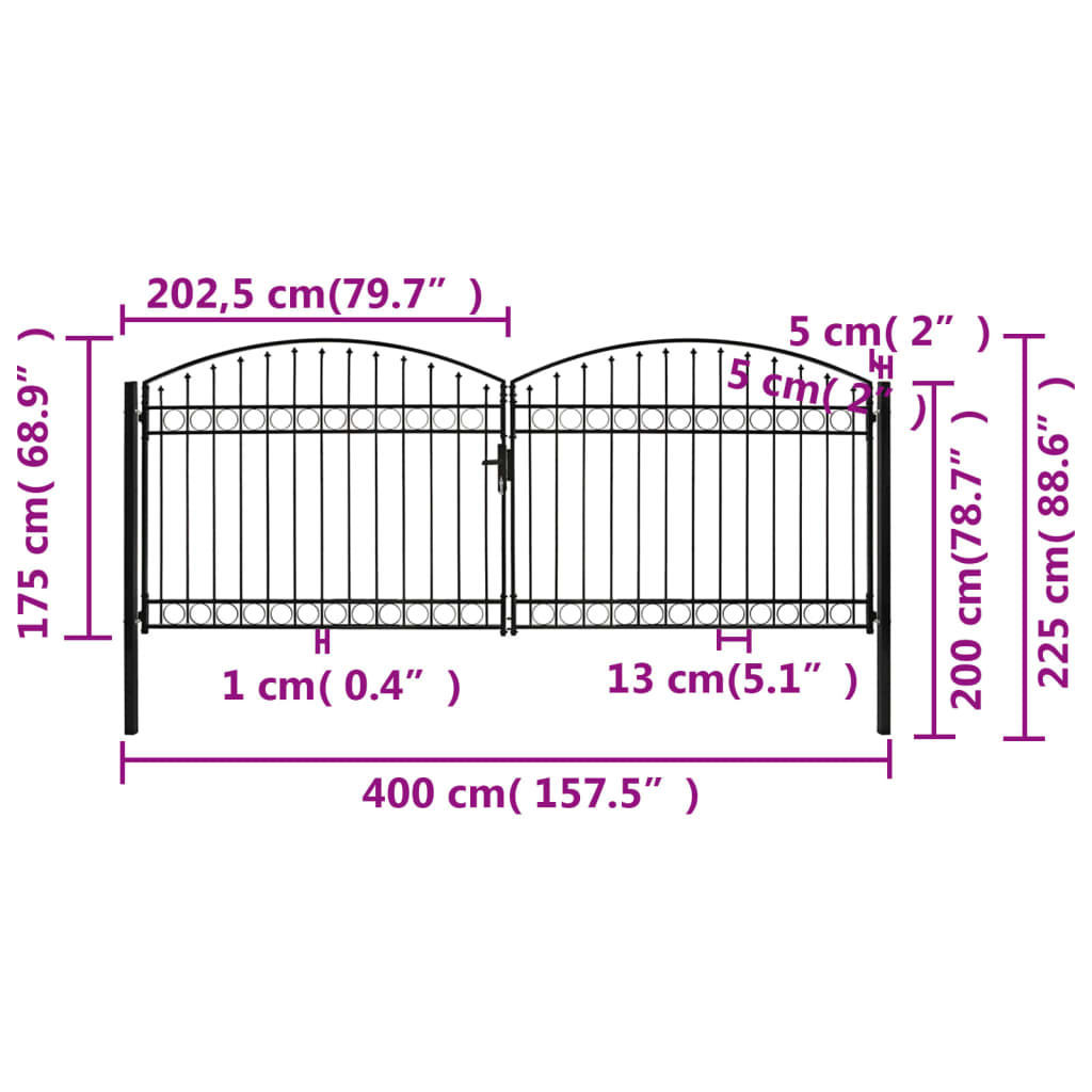 vidaXL Poartă de gard dublă cu arcadă, negru, 400 x 175 cm, oțel vidaXL Poartă de gard dublă cu arcadă, negru, 400 x 175 cm, oțel