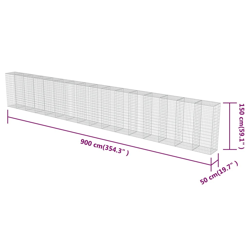 vidaXL Perete gabion cu capace, 900 x 50 x 150 cm, oțel galvanizat