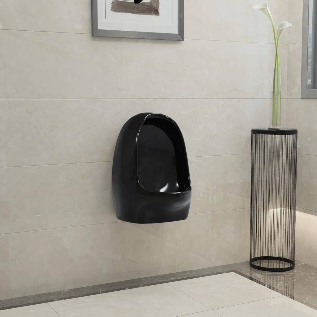 vidaXL Pisoar de perete cu supapă pentru spălare, negru, ceramică vidaXL Pisoar de perete cu supapă pentru spălare, negru, ceramică