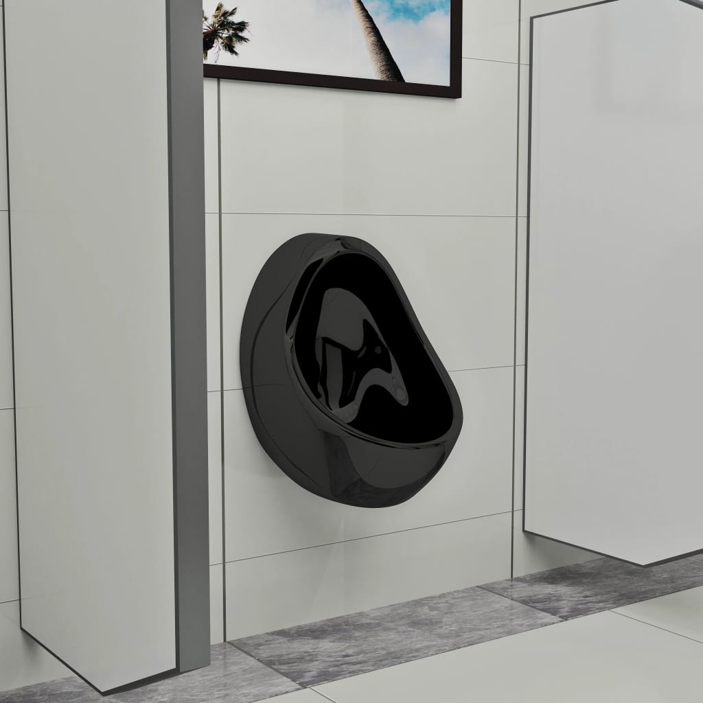 vidaXL Pisoar de perete cu supapă pentru spălare, negru, ceramică vidaXL Pisoar de perete cu supapă pentru spălare, negru, ceramică